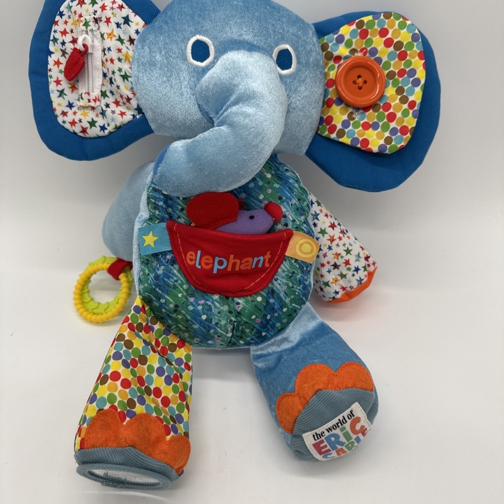 Eric Carle Blue Elephant Activity Plush Button Zip Mirror Teether Chime‎ Toy